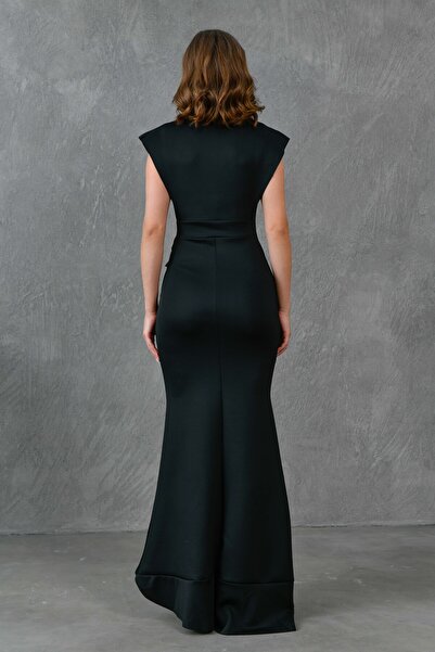 barış sülün lovebox Černá pružná potápěčská tkanina s dvojitým výstřihem poskakující detailní maxi společenské šaty bez rukávů 582443