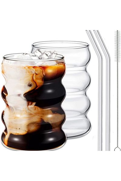 Yenigeldi 2 Pieces Imported Heat Resistant Borosilicate Drinking Cup Set (2 Pieces of Straws + 1 Piece of Straw Brush)