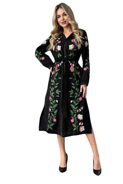 Cassime Black Ethnic Flower Embroidered Linen Cotton Dress - Below the Knee