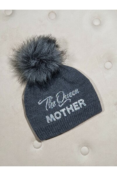 Senbeno Design Gri Özgün Tasarım Gri Ponponlu The Queen Mother Anneler Günü Mesajlı Bere