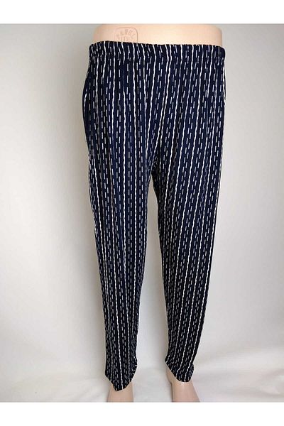 YAŞAR TRİKO Navy Blue Patterned Viscose Women's Bottom Clothing - Double Pocket, Elastic Waist, Summer Door
