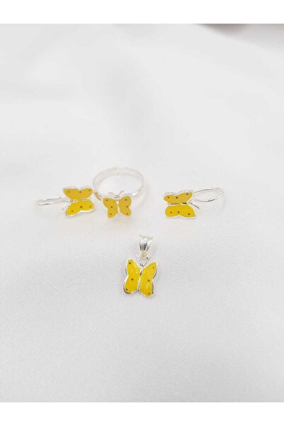 vogutima Mine Işlemeli Kelebek Temalı 3’lü Set 925 Ayar Gümüş Hediyelik Çocuk Yüzük,küpe,kolye