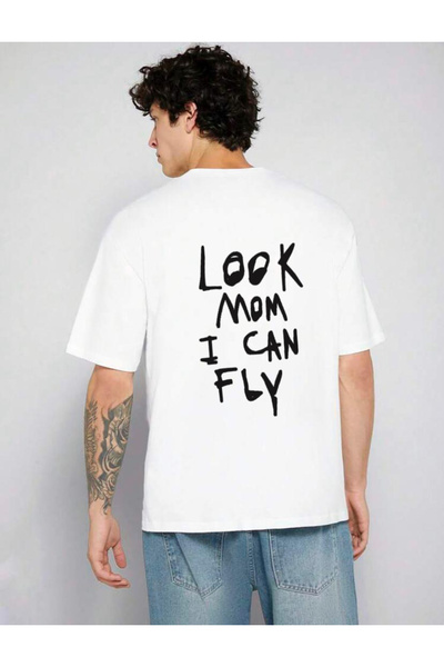 khufu Tricou alb oversize unisex cu imprimeu „Mom I Can Fly”.