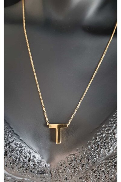 vogutima jewelery&silver by timuçin mavili Kişiye Özel Üç Boyutlu Çelik (T) Harf Sarı Renkdeniz Ve Havuz Suyuna Dayanıklı Paslanmaz Kolye