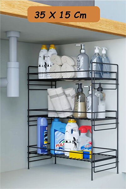 zabata 3 Katlı Evye Tezgah Altı Raf Banyo Mutfak Dolabı Çok Amaçlı Düzenleyici Deterjanlık Organizer 35x15