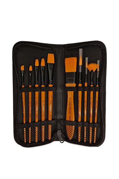 Keep Smiling Çantalı Yağlı Boya ve Akrilik Başlangıç Fırça Seti 10 lu (Yan Kesik Kedi dili, Düz, Yuvarlak Fırça )