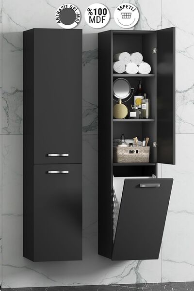 ÖZCEDEN Yeni Boy 35*167 cm Antrasit Gri Mat MDF Sepetli Asma Banyo Boy Dolabı