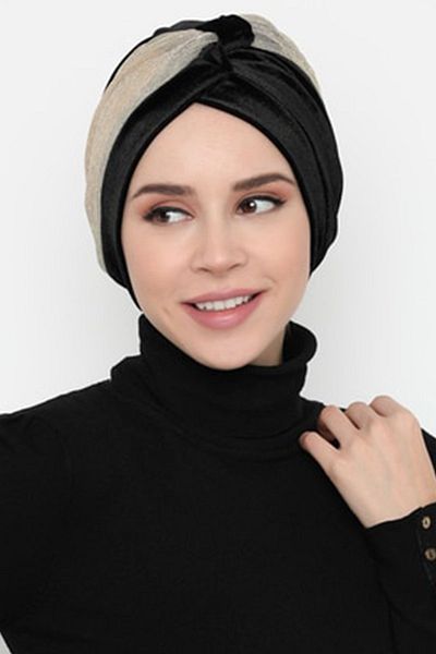 Vera Bone Efruz Ready Turban Cross Banded Lined Hijab Bone Μαύρο βελούδινο γκλίτερ Λεπτομερές γυναικείο μπονέ