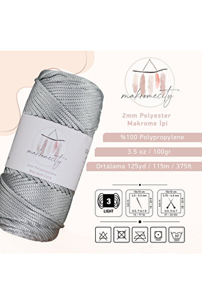 Makromecity Premium 100 Gr Polyester Makrome Ipi Açık Gri 2mm - 120 M Supla Ip Ve Çanta Ipliği