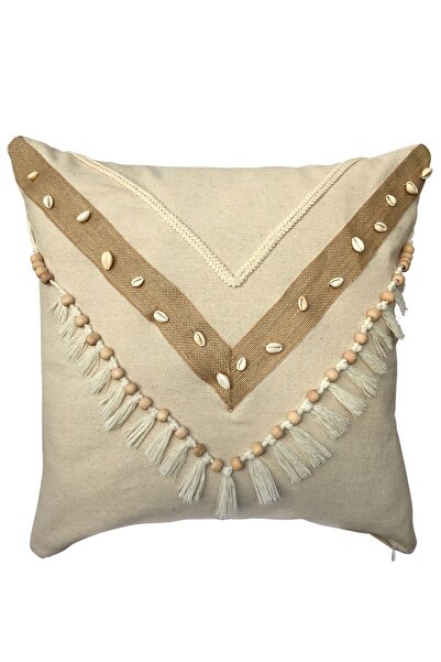 Vera Богемська дерев'яна намистина з бахромою, чохол для подушки з льону 45x45 см, прикрашений морською мушлею