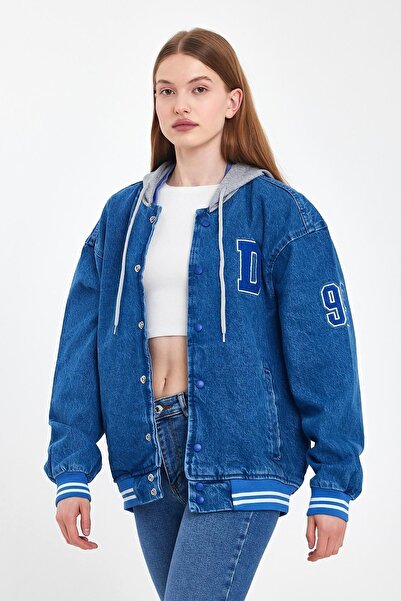 DAMGA JEANS Kadın JeanComfort Oversize Pamuklu Kapşonlu Kot Kolej Ceket