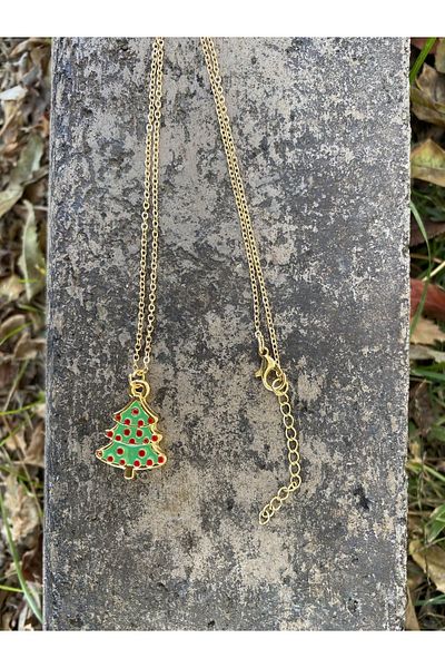 Stoneday Christmas Themed New Year's Stocking Pine Tree Figured Gold Plated Chain Necklace