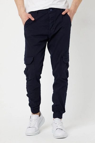DAMGA JEANS Men's Elastic Leg High Waist Navy Blue Cargo Pocket Trousers