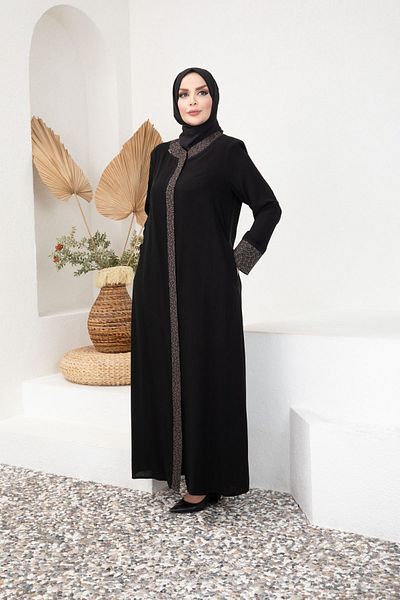 Tuğralı Tesettür Black Leopard Patterned Medine Ferace - Zippered Silk