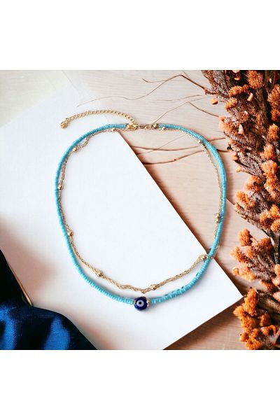Stoneday Blue Evil Eye Beaded Ball Chain Sand Bead Necklace