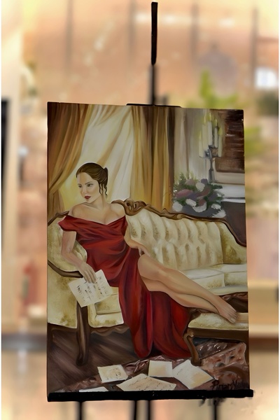 Atölye Sade Kırmızı Elbiseli Kadın -Özgün Eser Profesyonel El Yapımı Yağlı Bo...