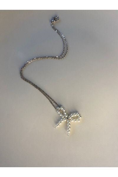 Stoneday Silver Color Plated Chain Necklace with Pearl Bow End
