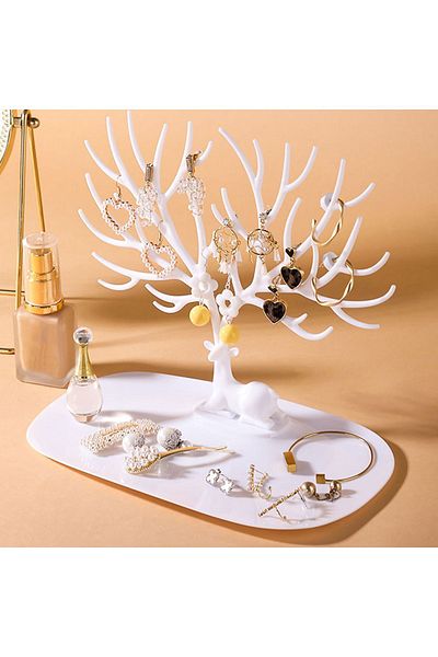 FETHİYE TOPTAN Jewelry Stand Ring Earring Necklace Hanger Jewelry Organizer Hanger Rack White with Deer Design