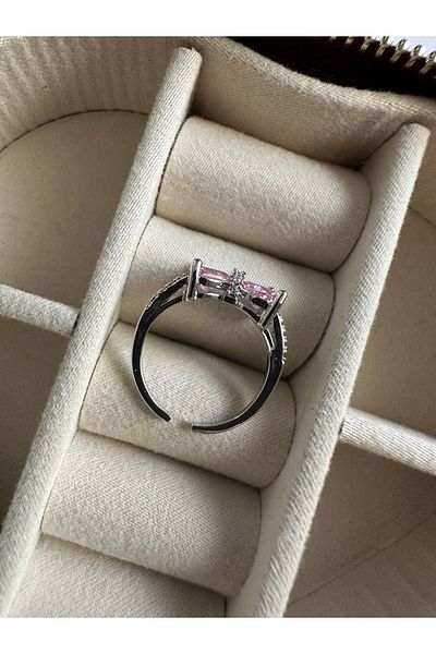 ringbox Silver Colored Zircon Stone Pink Ribbon Ring