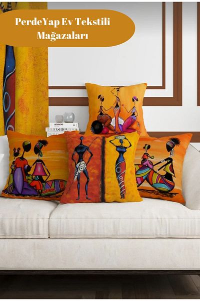 PerdeYap1980 African Ethnic Figured Modern Design Patterned 4-Piece Digital Printed Throw Pillow Cover 43 x 43 Cm 014