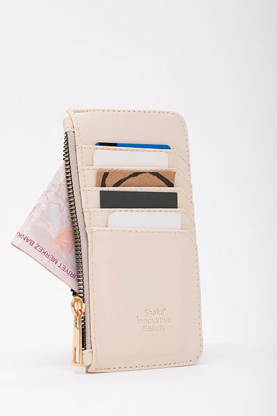 SHAKA Cream Shk89 Faux Leather Zippered Coin and 5 Card Compartments Card Holder Wallet L:16 E:8 cm