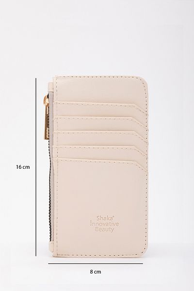 SHAKA Cream Shk89 Faux Leather Zippered Coin and 5 Card Compartments Card Holder Wallet L:16 E:8 cm