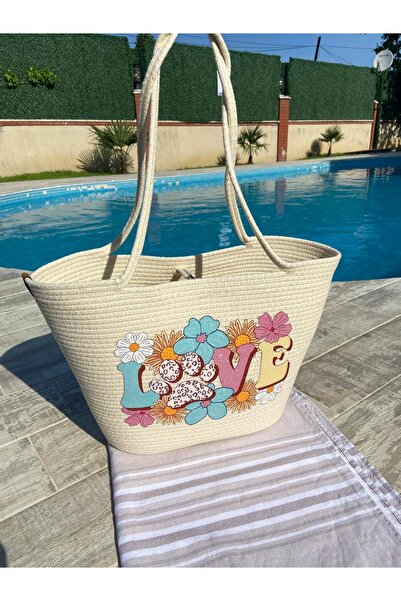 Nev Design حقيبة شاطئ مطبوعة بلون كريمي - Love