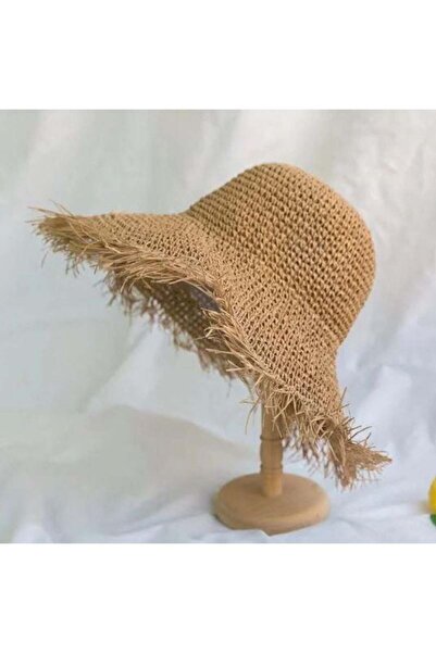 Kapin قبعة شاطئ دائرية من القش بأهداب بلون الجمل - تفاصيل محبوكة يدويًا