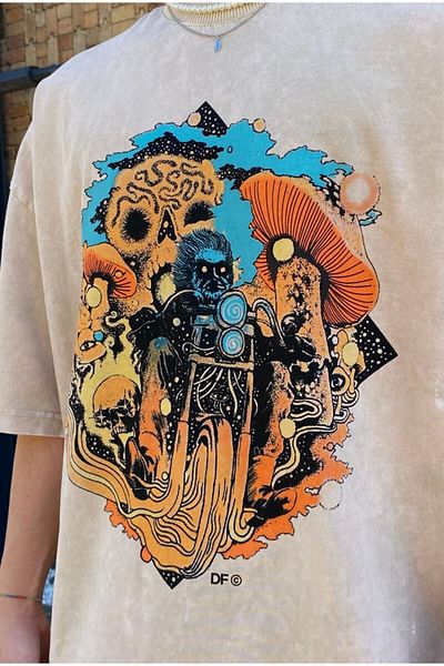 NEWLAKER Μπλουζάκι Unisex Oversize Graphic Printed Sand Washed T-shirt