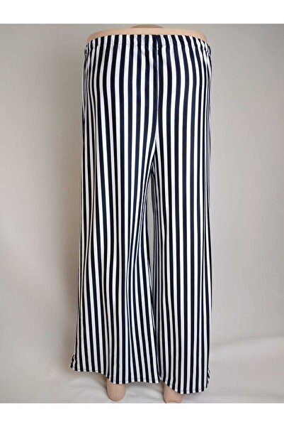 YAŞAR TRİKO Λευκό Μαύρο Χοντρό Ριγέ - Ελαστική Μέση Καλοκαιρινό Παντελόνι