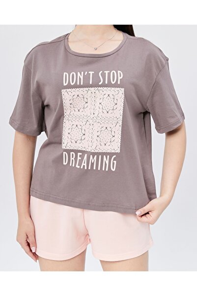 YHGTEKSTİL Printed Cotton Shorts Summer Pajamas Set for Women - Short Sleeve