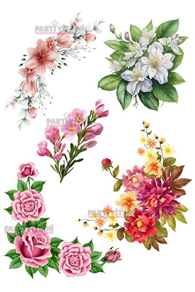 Partivitrini Dekor Çiçekler Yenilebilir Resimli Pasta Kurabiye Üstü Gofret Pl...