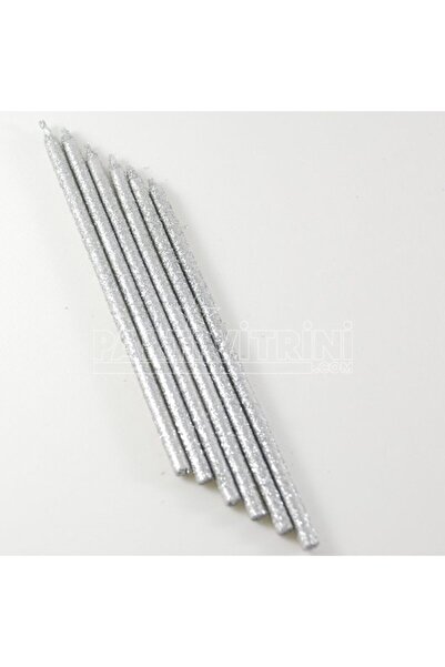 Partivitrini Gümüş Renk Simli Uzun Mum Seti 6 Adet