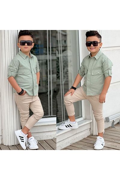Sahil Collection GREEN SHIRT FLAM FABRIC GABARDINE CREAM COLOR TROUSERS BOY'S SET