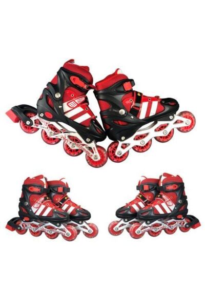 OyuncakZade Red Light Wheel Adjustable Children's Exercise Skates 2 Functions + Flashing Helmet Knee Pad Set