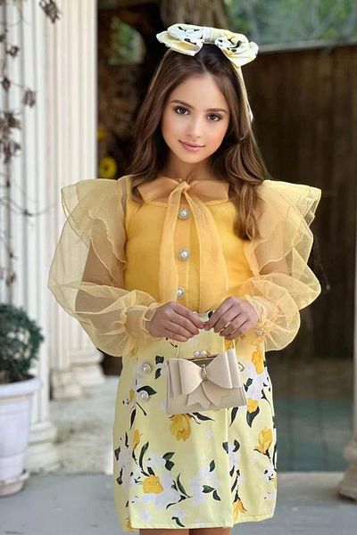 Riccotarz Girl's Set with Yellow Skirt - Neck Button and Transparent Detail