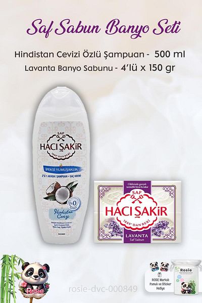 Hacı Şakir Coconut Shampoo and Lavender Scented Bath Soap - 500 ml + 4 x 150 gr ROSIE