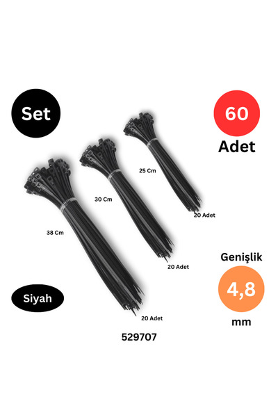 Tek-İş Plastik Kablo Bağı Klipsi Cırt Kelepçe 250-300-380 mm X 4.8 mm Siyah 2...