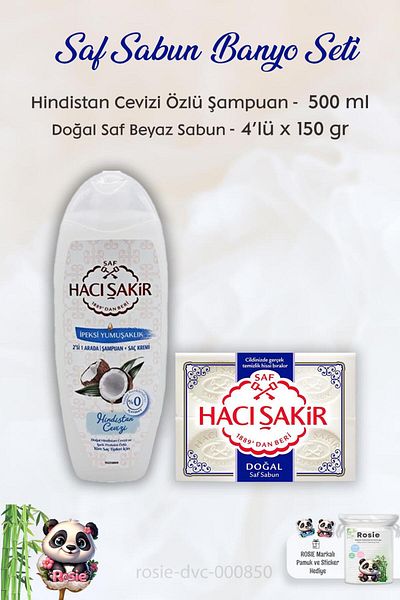 Hacı Şakir Coconut Shampoo 500 ml - Pure Natural Soap 4 x 150 gr and ROSIE