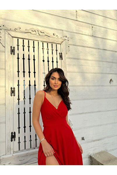 Sindimoda İp Askı Kruvaze Yaka Yırtmaçlı Abiye