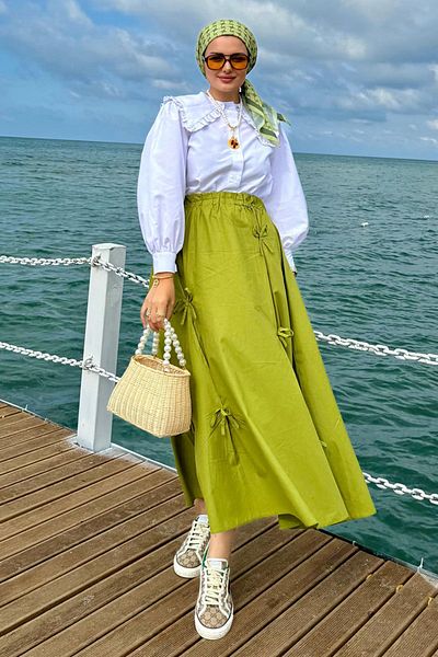 Ceylan Otantik Pistachio Green Bow Shirt and White Collar Frilly Skirt Set