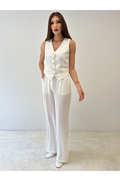 ossons Pera Keten Gold Düğmeli 2 li Yelek Pantolon Takım