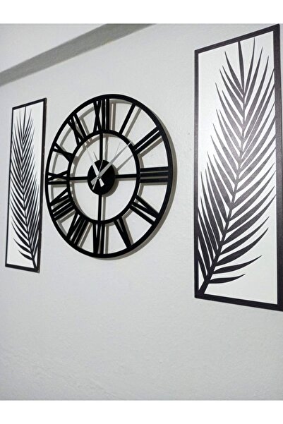 Wooden Factory Siyah Beyaz, 3 Parçalı Palmiye ve Saat Duvar Dekor Seti