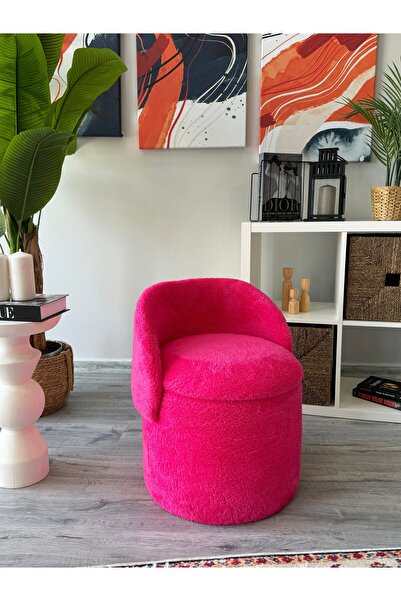 WEBPANYA X Large Fuşya Tedy Kumaş Sandıklı Silindir Dekoratif Katlanabilir Berjer Puf Orta Sehpa
