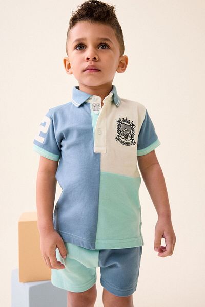 Next Baby Polo Collar Cotton Colorblock Short Sleeve Suit Set