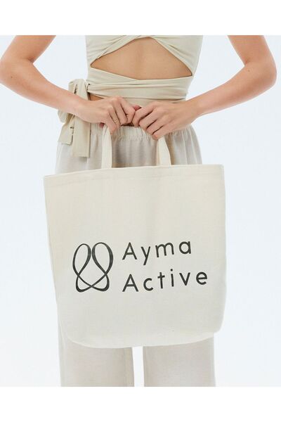 Ayma Active Beige Double Strap Canvas Fabric Tote Bag with Text