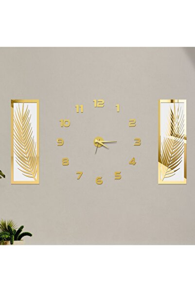 Tooall 3 Parçalı Duvar Saati Seti, Akrilik Pleksi Aynalı Palmiye Yapraklar Ve...