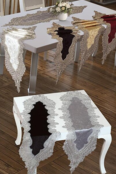 Çeyiz Diyarı French Laced Island Velvet Runner - Negru Argintiu