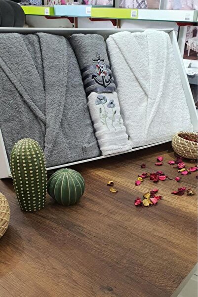 Çeyiz Diyarı Unisex Dowry Οικογενειακό Σετ Μπουρνούζι 4 Τεμαχίων Γκρι Λευκό