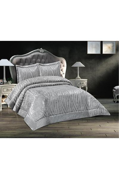 Çeyiz Diyarı Arbel Jacquard Velvet Double Bedspread Gray
